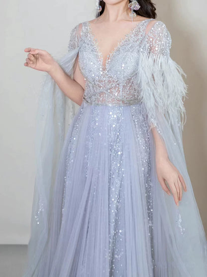 Robe de bal élégante en tulle bleu ciel clair, coupe trapèze, col en V, inspiration robe de soirée longue pour un 19e anniversaire AB2300