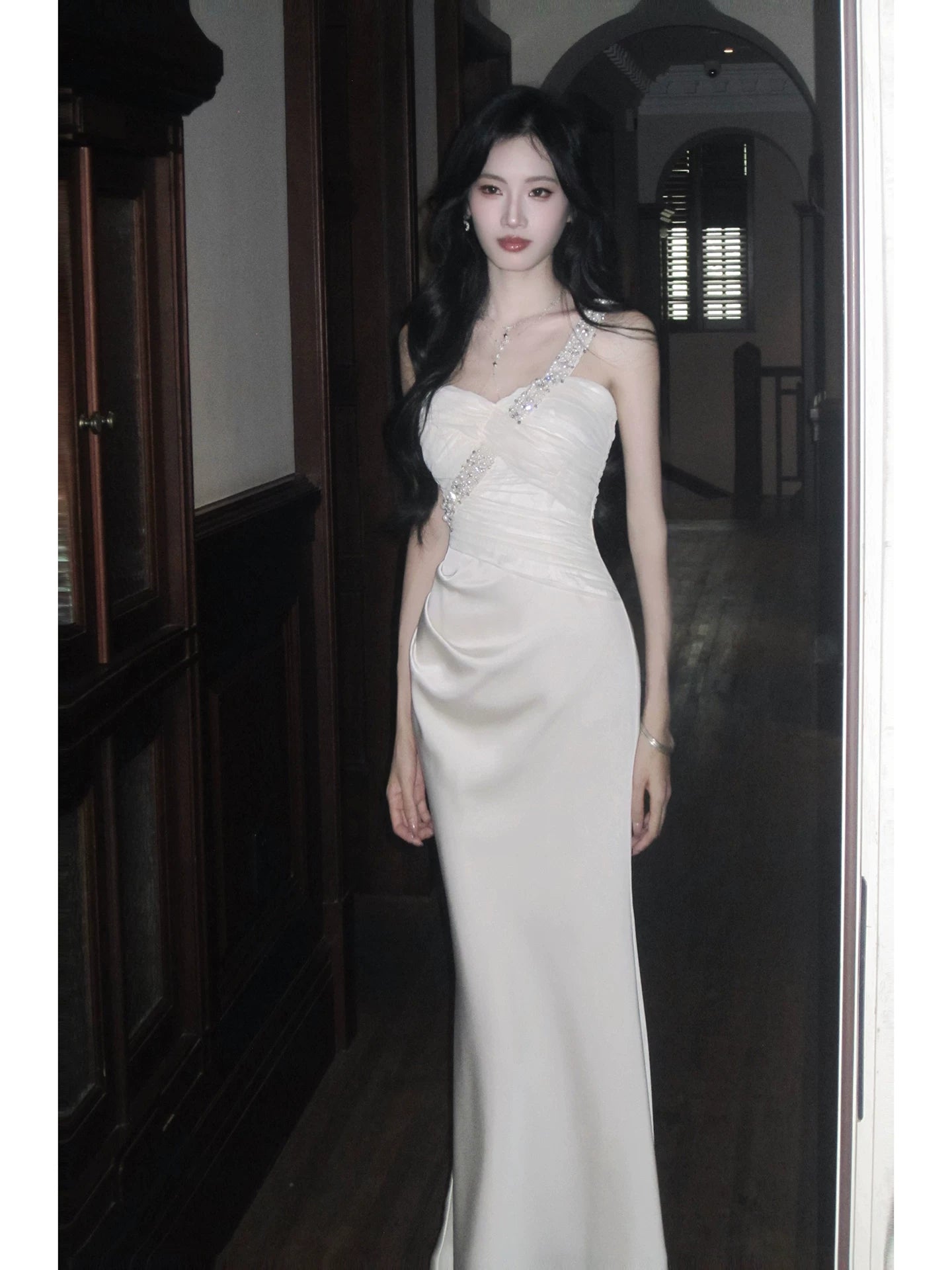 Classy Mermaid One Shoulder White With Beaded Satin Ankle Length Pleated Prom Dress Aesthetic Graduation Birthday Outfits N097