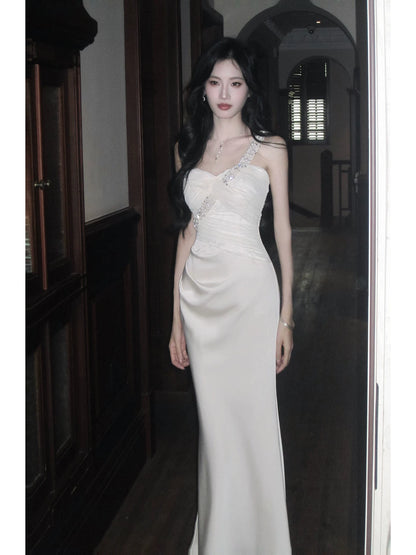 Classy Mermaid One Shoulder White With Beaded Satin Ankle Length Pleated Prom Dress Aesthetic Graduation Birthday Outfits N097