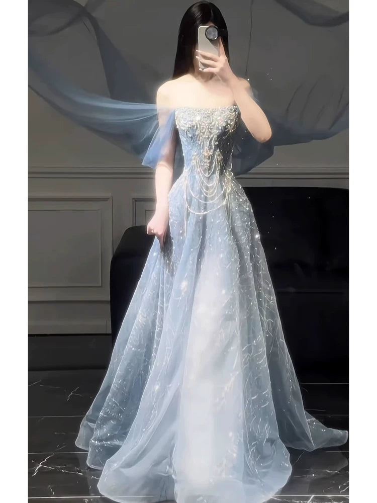 Robe de bal longue à sequins, coupe trapèze, épaules dénudées, style tendance pour adolescentes, robe de soirée, robe de bal AB2229