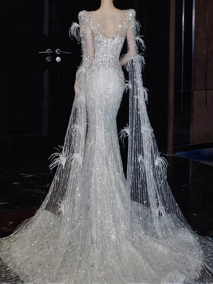 Robe de mariée luxueuse sirène à col rond et manches longues, ornée de sequins argentés, style AB2270