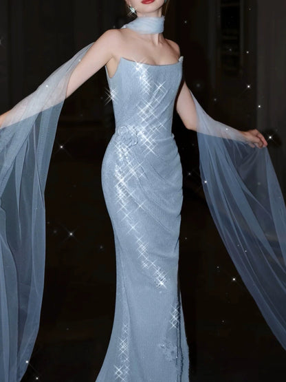 Robe de bal sirène bustier bleu à sequins avec foulard, inspiration robe de soirée longue pour un 21e anniversaire AB2290