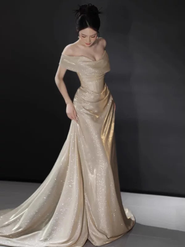 Robe de bal sirène sexy à épaules dénudées, longue robe à sequins couleur champagne, robe de soirée, tenue pour un 16e anniversaire, robe de remise de diplôme AB2244