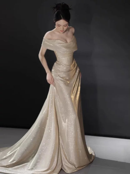 Robe de bal sirène sexy à épaules dénudées, longue robe à sequins couleur champagne, robe de soirée, tenue pour un 16e anniversaire, robe de remise de diplôme AB2244