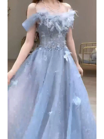 Robe de bal bleue unique à épaules dénudées, coupe trapèze, inspiration tulle, robe de soirée longue, tenue pour un 20e anniversaire AB2247