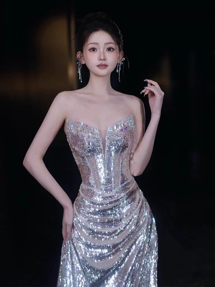 Robe de bal sirène sans bretelles à sequins et corsage perlé, inspiration robe de soirée longue, tenue pour un 20e anniversaire AB2249