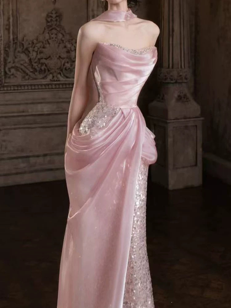 Robe de bal sirène rose à paillettes sans bretelles, inspiration robe de soirée longue pour un 19e anniversaire AB2261