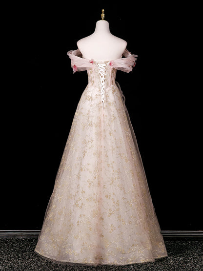 Robe de bal de princesse à épaules dénudées en tulle rose, inspiration pour une longue soirée, tenue pour un 20e anniversaire AB2236
