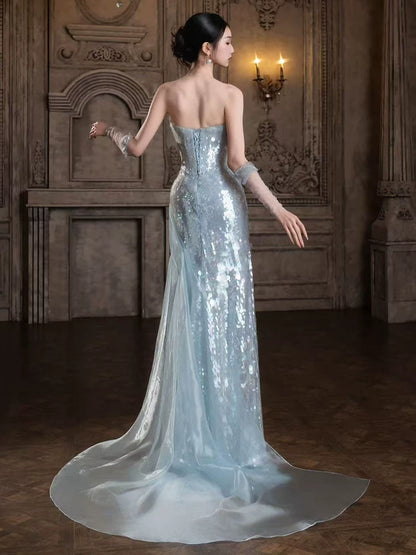 Robe de bal sirène sans bretelles à sequins bleu ciel clair, inspiration robe de soirée longue pour un 19e anniversaire AB2262