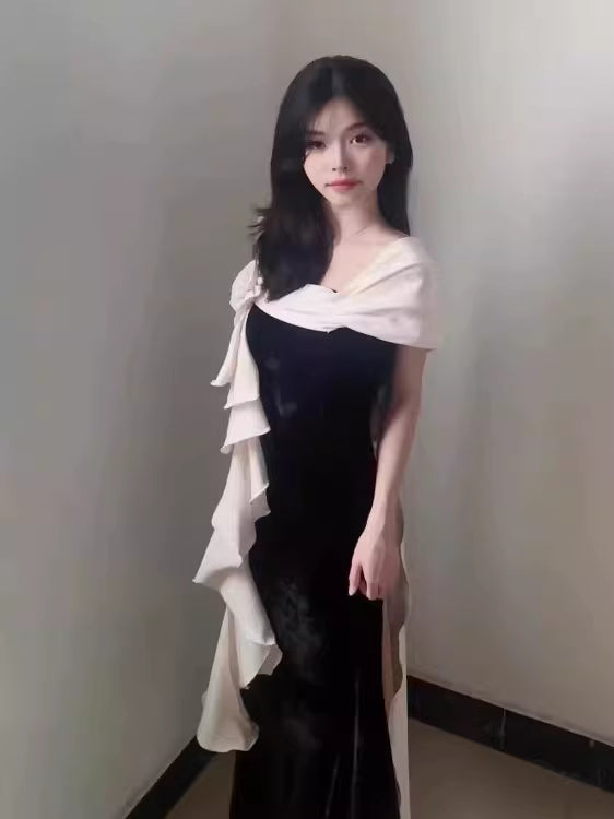 Robe de bal sirène asymétrique noire unique - Inspiration pour une longue soirée - Tenue pour un 20e anniversaire AB2248