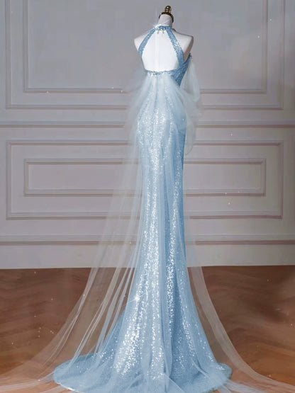 Robe de bal sirène modeste à col montant et sequins bleus, inspiration robe de soirée longue pour un 19e anniversaire AB2273
