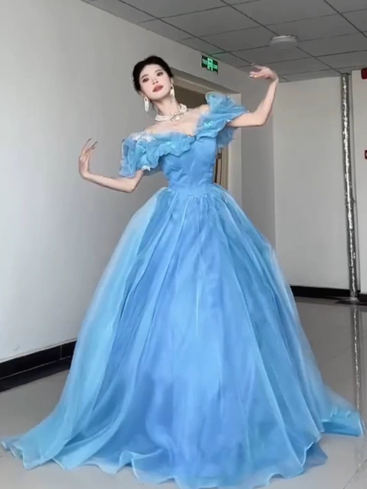 Prinzessinnen-Ballkleid, schulterfrei, blau, Inspiration für lange Party-Nachtkleider, Outfits zum 20. Geburtstag AB2240