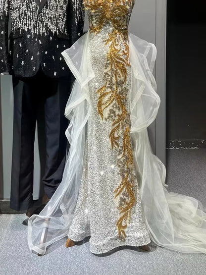 Robe de bal sirène scintillante à décolleté cœur et sequins dorés - Inspiration robes de soirée longues - Tenues pour un 19e anniversaire AB2260
