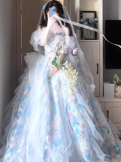 Robe de bal unique bleue à épaules dénudées et manches courtes - Inspiration robes de soirée - Tenues pour un 16e anniversaire AB2257