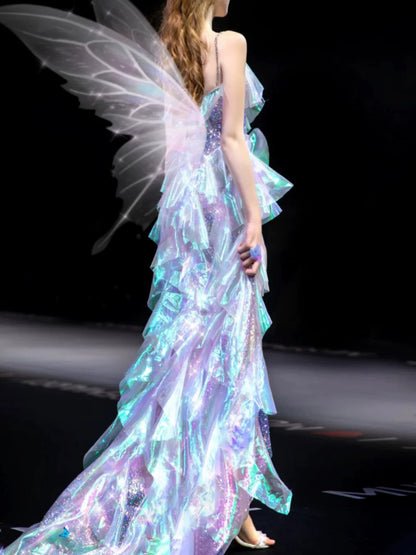 Robe de bal longue à bretelles spaghetti asymétriques et volants, inspiration robe de soirée, tenue pour un 19e anniversaire AB2280