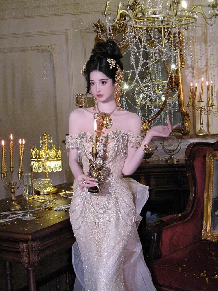 Robe de bal longue à sequins champagne, épaules dénudées, style sirène sexy, idéale pour les fêtes, les 16 ans et les remises de diplômes (AB2243)