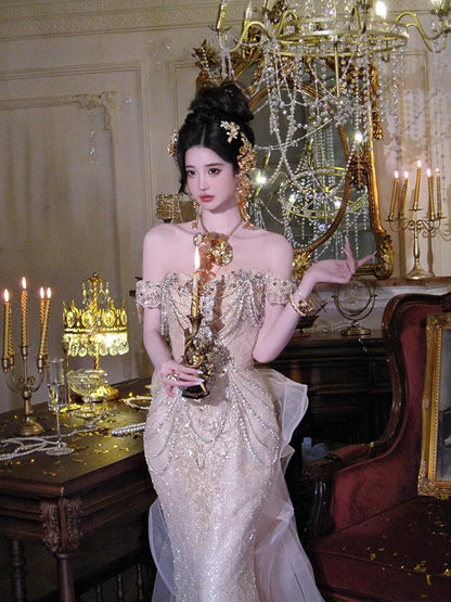 Robe de bal longue à sequins champagne, épaules dénudées, style sirène sexy, idéale pour les fêtes, les 16 ans et les remises de diplômes (AB2243)
