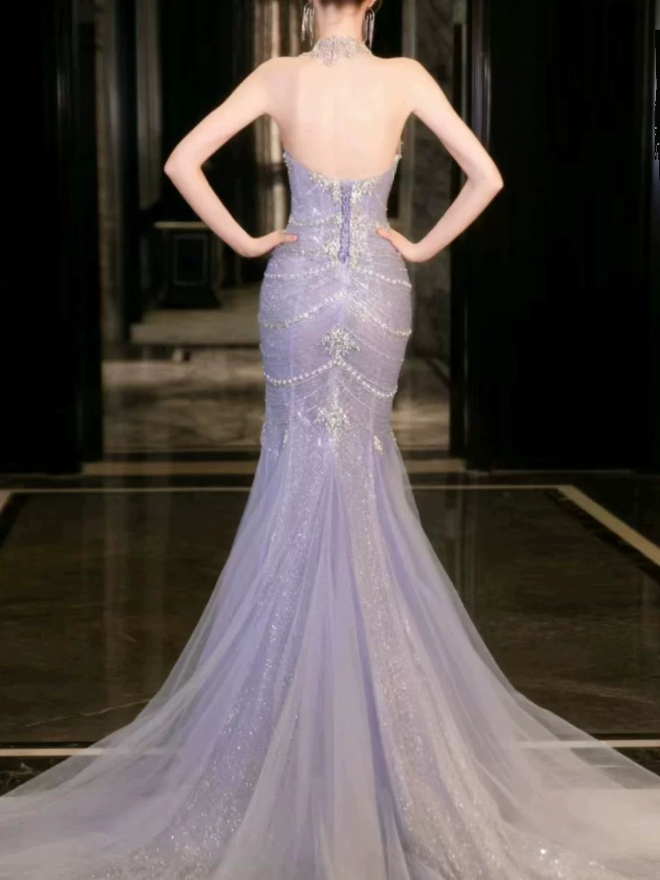 Robe de bal sirène bustier lilas à sequins, inspiration robe de soirée longue, tenue pour un 21e anniversaire AB2284