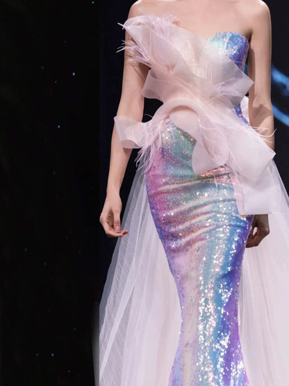 Robe de bal sirène bustier lilas à sequins, inspiration robe de soirée longue, tenue pour un 19e anniversaire AB2282