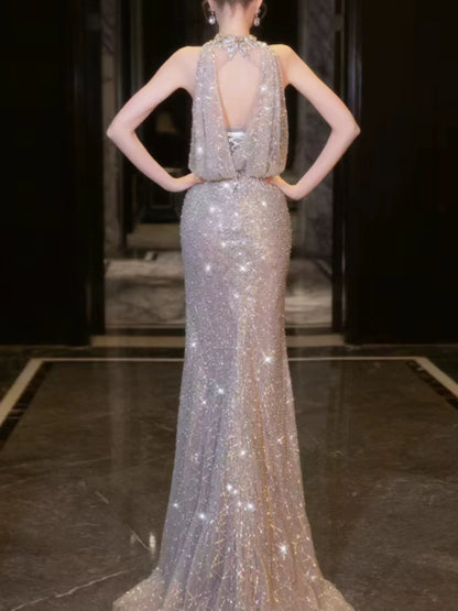 Modest Mermaid High Neck Sequins With High Split Prom Dresses Inspiration Long Party Evening Dress 21st Birthday Outfits AB2292