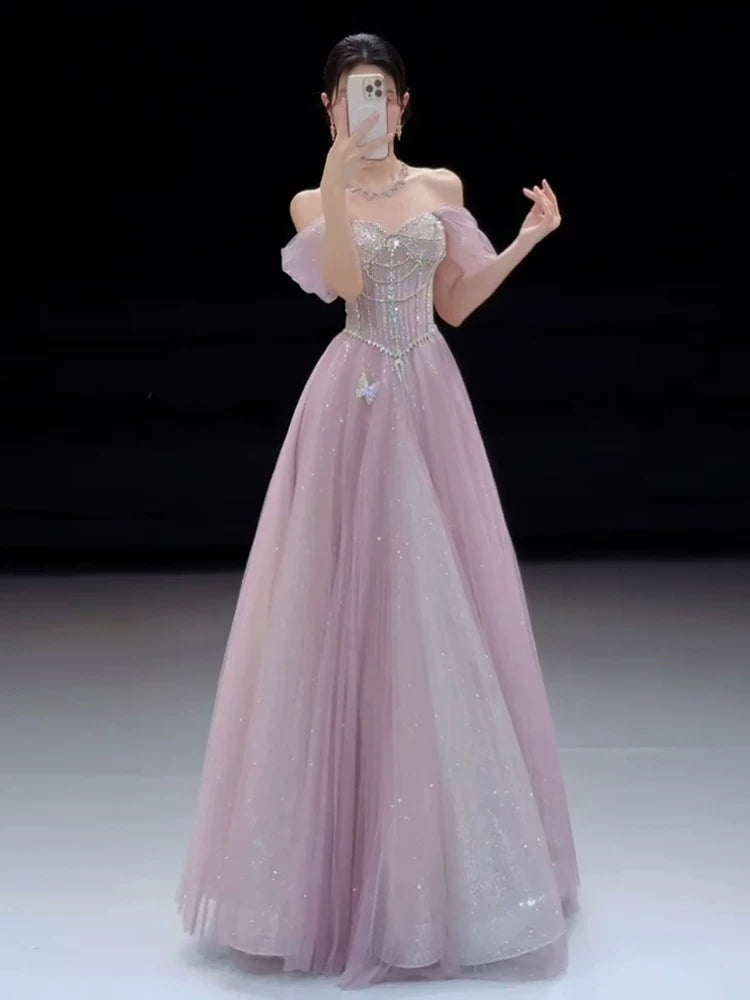 Robe de bal longue à paillettes roses, bustier et coupe trapèze, inspiration pour une soirée d'anniversaire de 20 ans (AB2253)