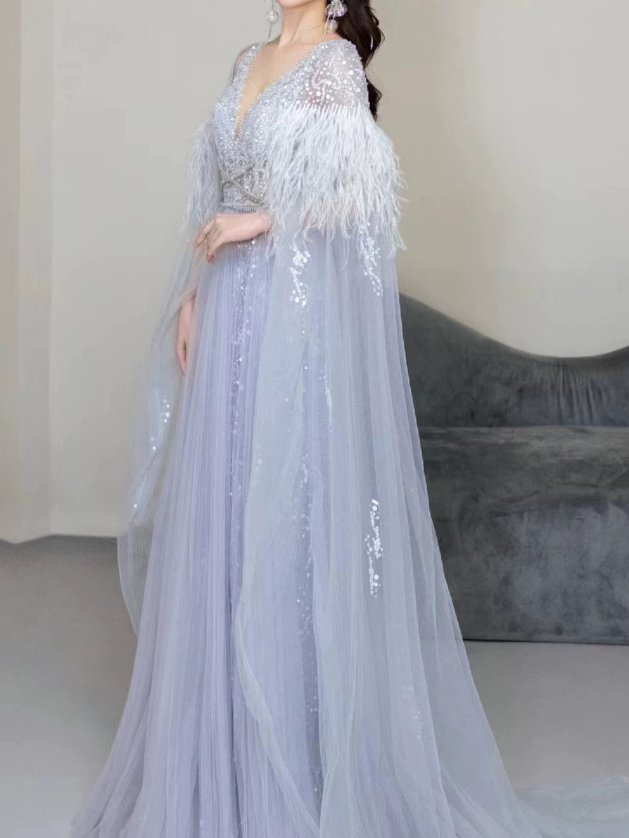 Robe de bal élégante en tulle bleu ciel clair, coupe trapèze, col en V, inspiration robe de soirée longue pour un 19e anniversaire AB2300