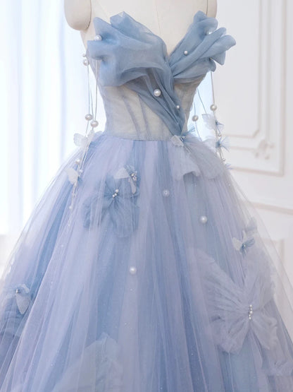 Robe de bal élégante en tulle bleu à décolleté cœur, longue robe de soirée formelle AB2318
