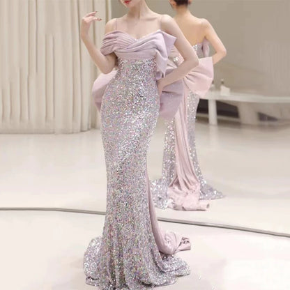 Robe de bal sirène modeste à fines bretelles et sequins lilas, inspiration robe de soirée longue pour un 19e anniversaire AB2320