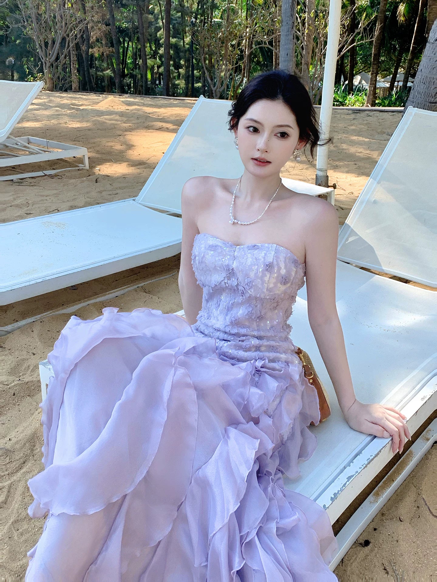 Elegant Sheath Lilac Strapless Tiered Layered Chiffon Sleeveless Long Prom Dresses 18th Birthday Outfits AB2410