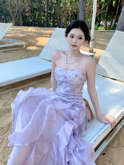 Elegant Sheath Lilac Strapless Tiered Layered Chiffon Sleeveless Long Prom Dresses 18th Birthday Outfits AB2410