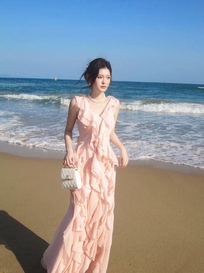 Robe de bal longue en mousseline rose corail, coupe trapèze, col en V, style simple, idéale pour un 16e anniversaire (AB2412)