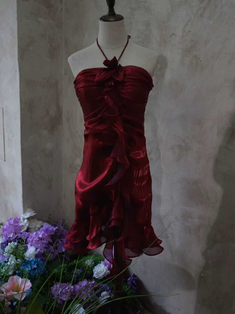Vintage Etuikleid mit Neckholder, burgunderrot, kurzes Cocktailkleid, Outfit für den 16. Geburtstag, Homecoming-Kleid, Abendkleid AB2382