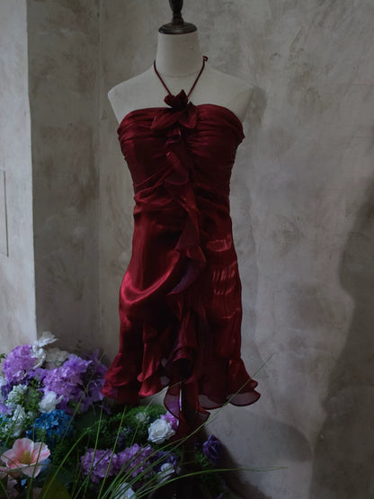 Vintage Etuikleid mit Neckholder, burgunderrot, kurzes Cocktailkleid, Outfit für den 16. Geburtstag, Homecoming-Kleid, Abendkleid AB2382
