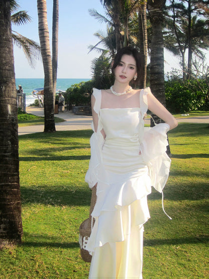 Robe de bal élégante sirène en mousseline blanche, col carré, longueur cheville, idéale pour une soirée d'anniversaire ou un 16e anniversaire (AB2416)
