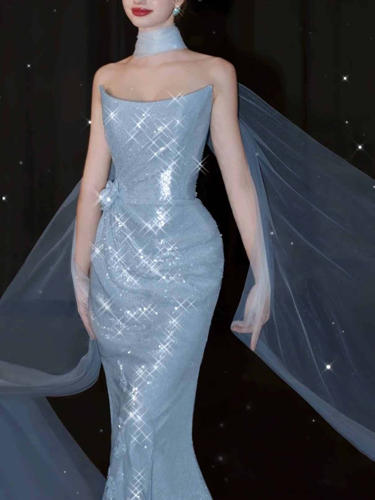 Robe de bal sirène bustier bleu à sequins avec foulard, inspiration robe de soirée longue pour un 21e anniversaire AB2290