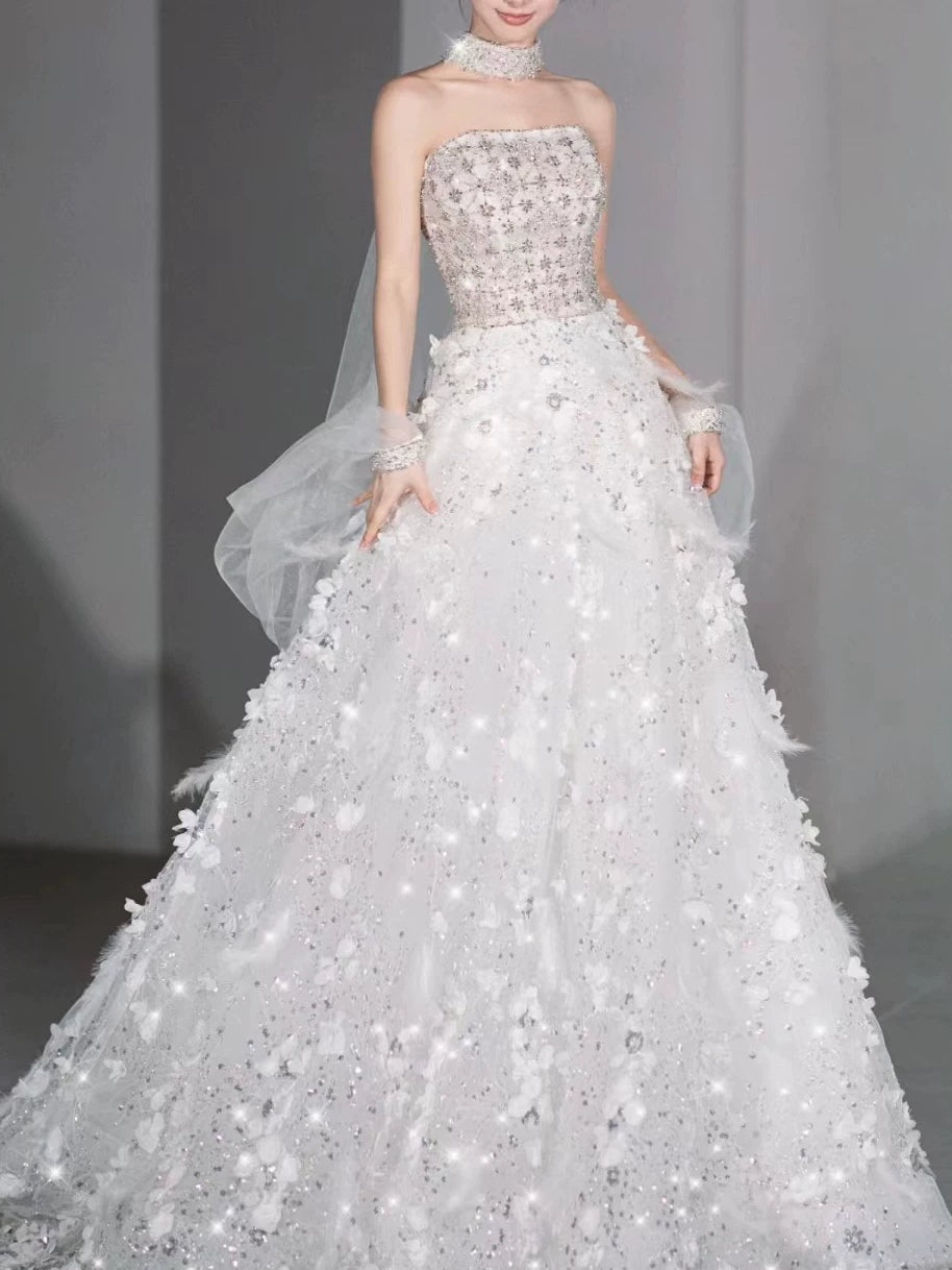 Robe de bal modeste sans bretelles à sequins blancs, inspiration robe de soirée longue pour un 21e anniversaire AB2294