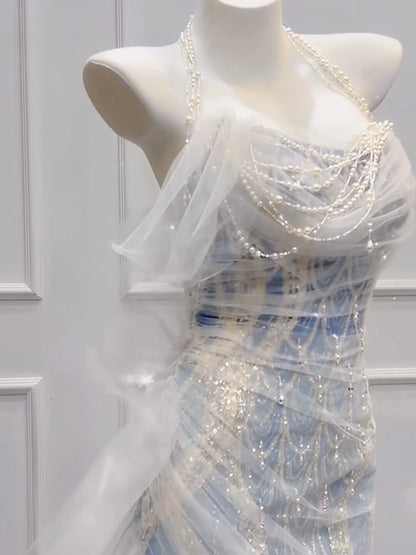 Robe de bal sirène modeste, épaules dénudées, en tulle bleu orné de perles, inspiration robe de soirée longue pour un 21e anniversaire AB2289