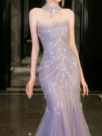Robe de bal sirène bustier lilas à sequins, inspiration robe de soirée longue, tenue pour un 21e anniversaire AB2284