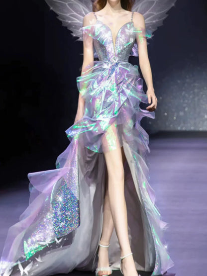 Robe de bal longue à bretelles spaghetti asymétriques et volants, inspiration robe de soirée, tenue pour un 19e anniversaire AB2280