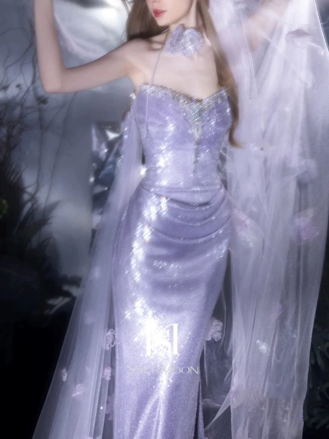 Robe de bal sirène bustier lilas à fente et sequins, inspiration robe de soirée longue pour un 21e anniversaire AB2288
