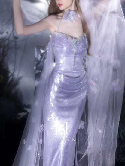 Robe de bal sirène bustier lilas à fente et sequins, inspiration robe de soirée longue pour un 21e anniversaire AB2288