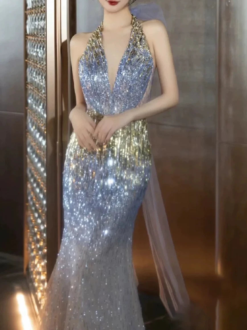 Robe de bal sirène dos nu à sequins, inspiration robe de soirée longue, tenue pour un 19e anniversaire AB2281