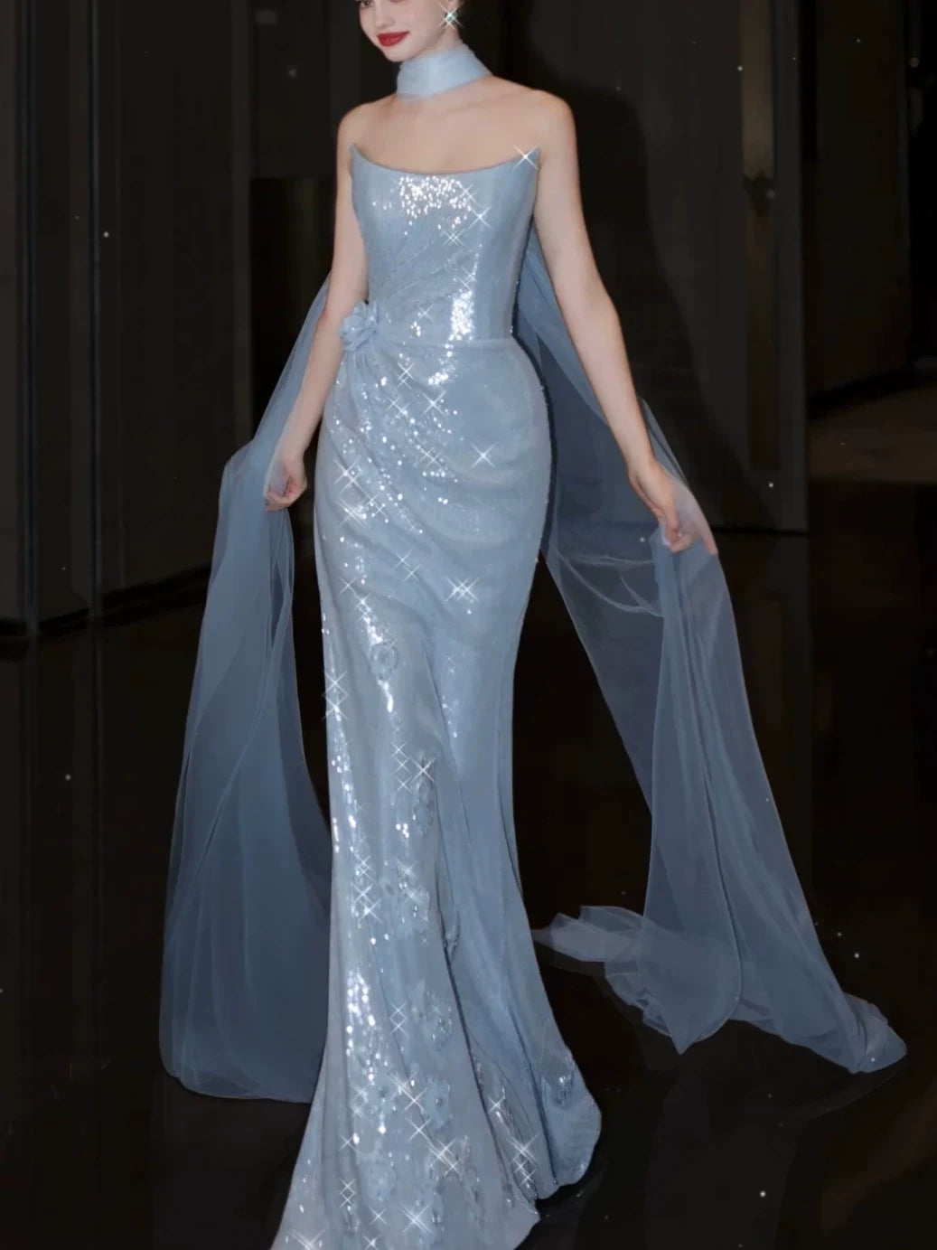 Robe de bal sirène bustier bleu à sequins avec foulard, inspiration robe de soirée longue pour un 21e anniversaire AB2290