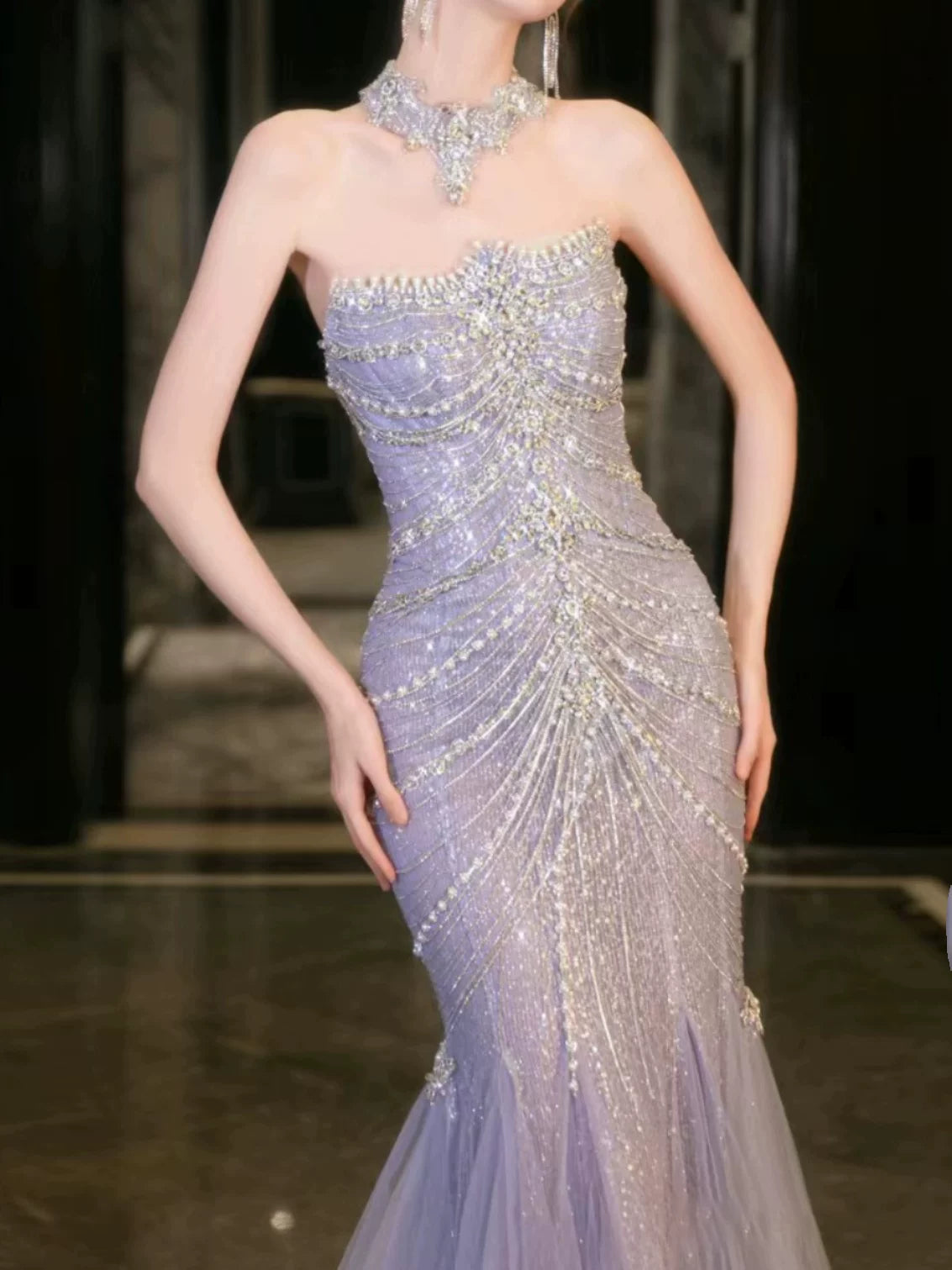 Robe de bal sirène bustier lilas à sequins, inspiration robe de soirée longue, tenue pour un 21e anniversaire AB2284