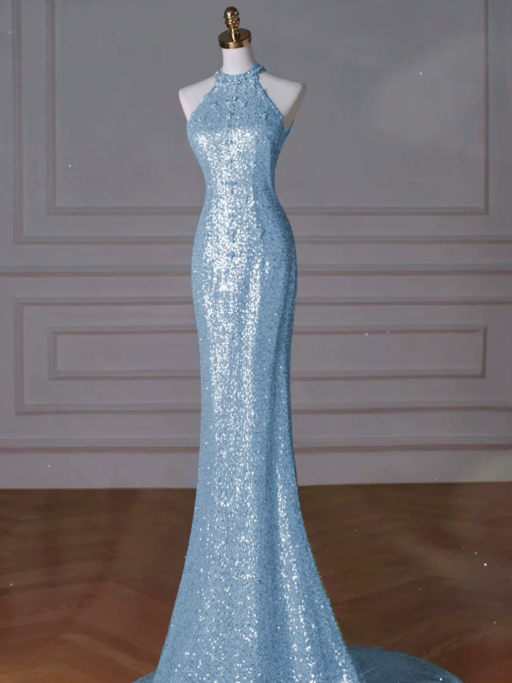 Robe de bal sirène modeste à col montant et sequins bleus, inspiration robe de soirée longue pour un 19e anniversaire AB2273