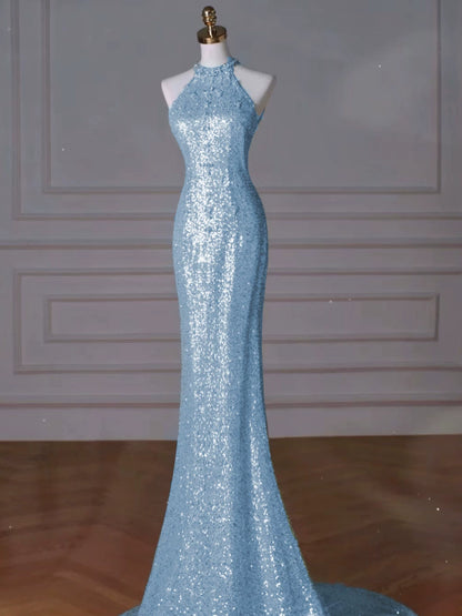 Robe de bal sirène modeste à col montant et sequins bleus, inspiration robe de soirée longue pour un 19e anniversaire AB2273