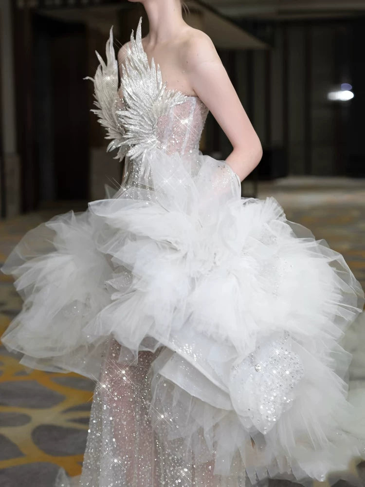 Robe de bal sirène modeste à col rond, ornée de sequins et de perles argentées, inspiration robe de soirée longue pour un 19e anniversaire AB2275