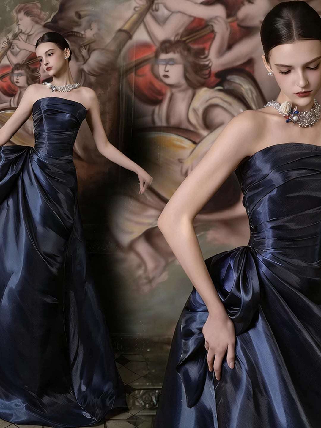 Robe de bal sirène bleu marine sans bretelles et plissée, inspiration robe de soirée longue pour un 19e anniversaire AB2268