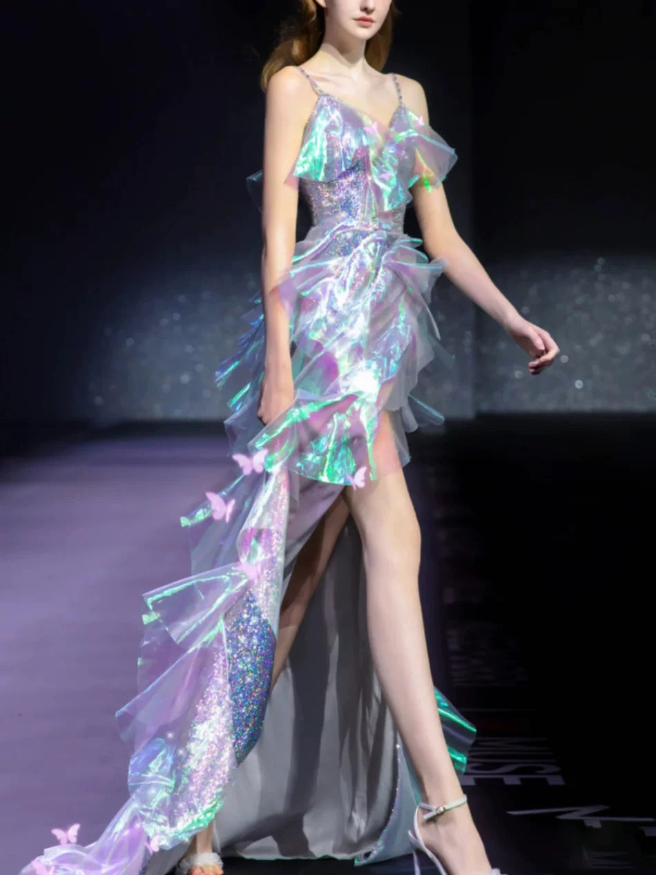 Robe de bal longue à bretelles spaghetti asymétriques et volants, inspiration robe de soirée, tenue pour un 19e anniversaire AB2280
