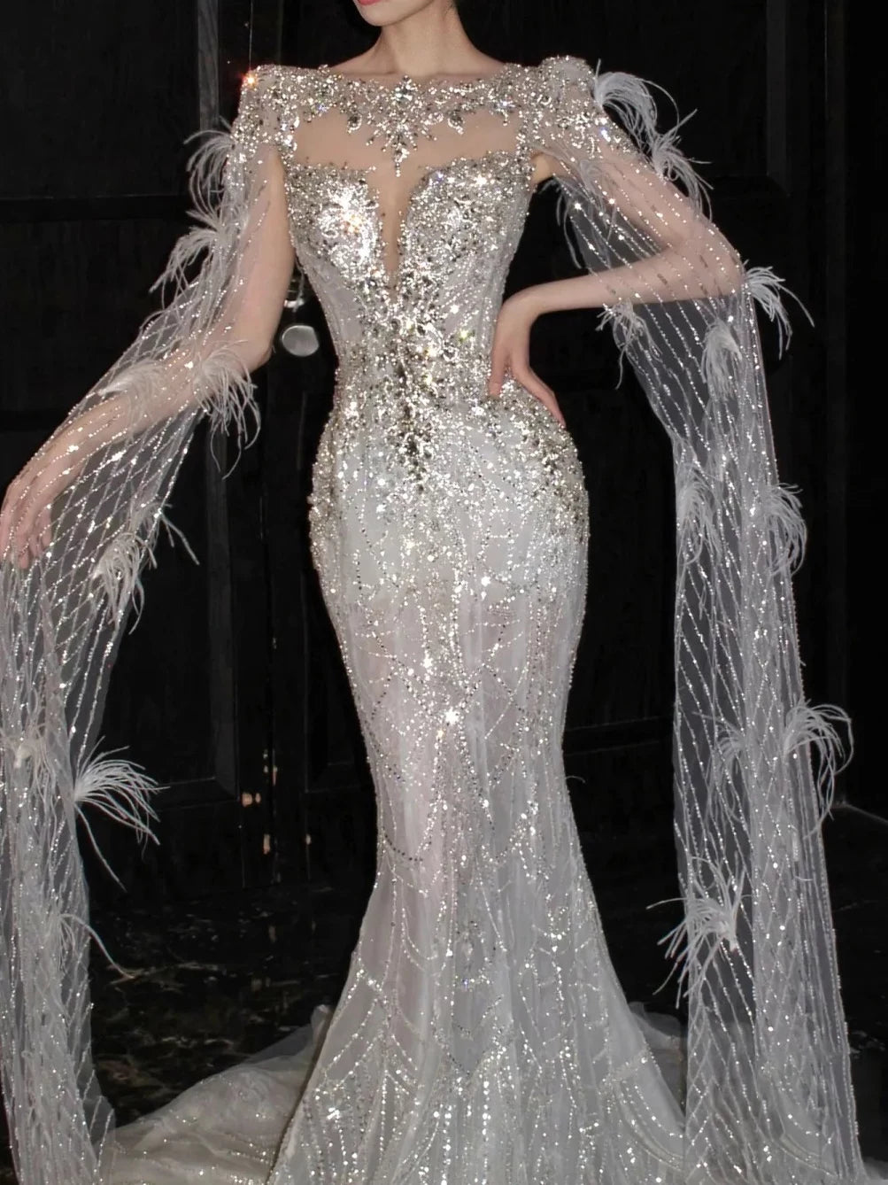 Robe de mariée luxueuse sirène à col rond et manches longues, ornée de sequins argentés, style AB2270